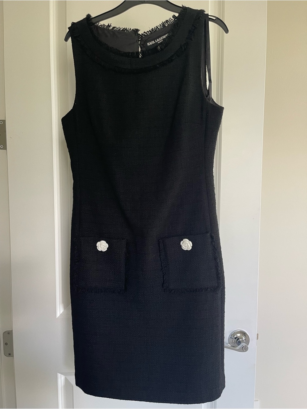 Karl Lagerfeld Black Sleeveless Tweed Shift Dress with Camellia Buttons